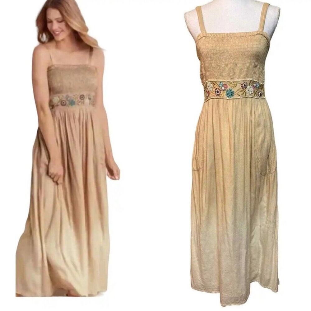 Soft Surroundings Hamptons Dress Tan Boho Beaded Seersucker Sun Dress NWT Petite